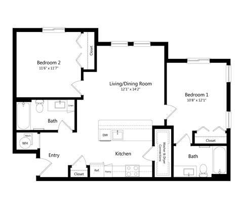 Floor plan for 2 beds, 2 baths, 927 sqft